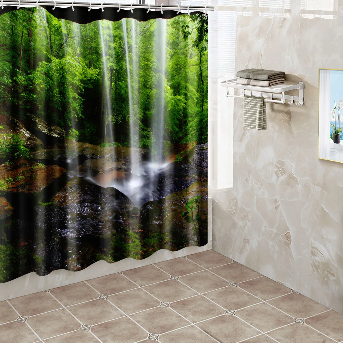 1pc Stream Shower Curtain Bathroom Partition Decorative Curtain Machine Washable Green Scenery Print Window Privacy Curtain