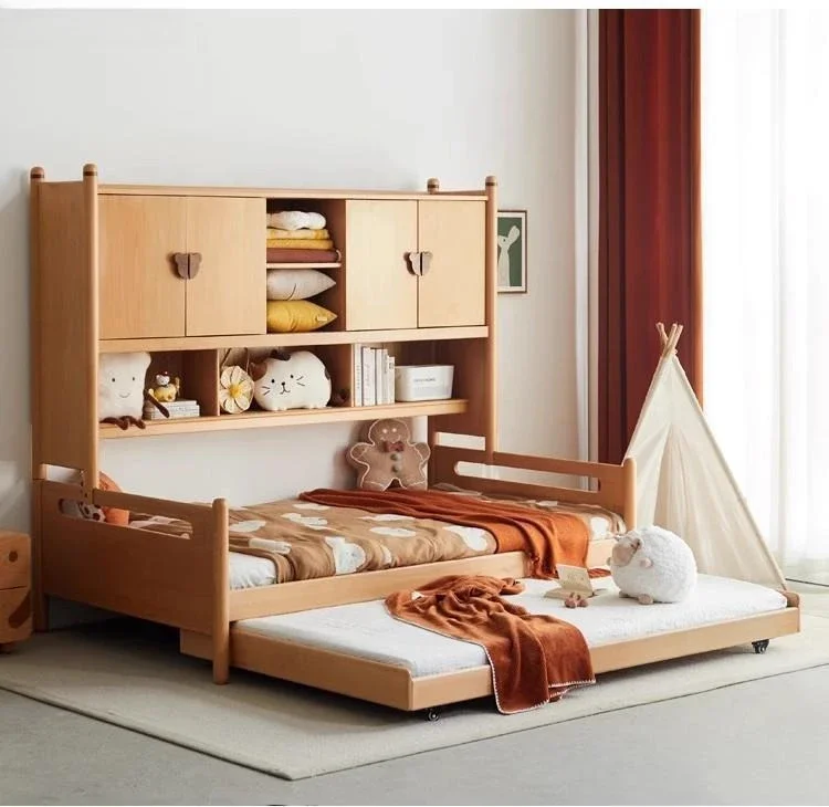 North American Cherry, Red Oak Children's Bed Wardrobe Combination, Bed Storage Draw With Trailer