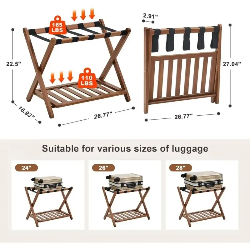 Folding Bamboo Luggage Rack with Storage Shelf for Hotel Guest Rooms and Home Use Two-Tier Travel Luggage Rack