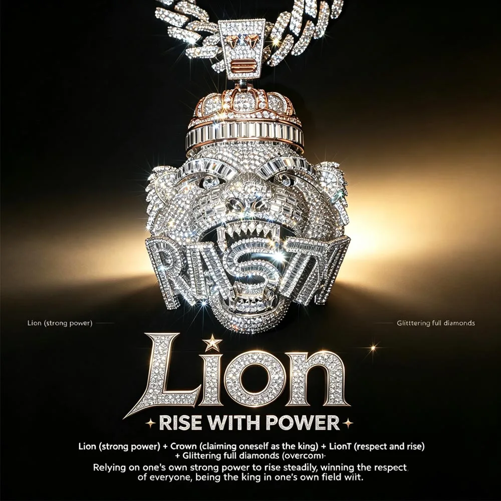 Bling Iced Out Lion Pendant 18K Gold Plated Full Diamond Strong Power Meaning Crown Tag Full Cubic Zirconia Growing Fortune Lion King Symbol of Power Hip Hop Punk Necklace Accessories Fine Jewelry Gifts for Men Boy Friends