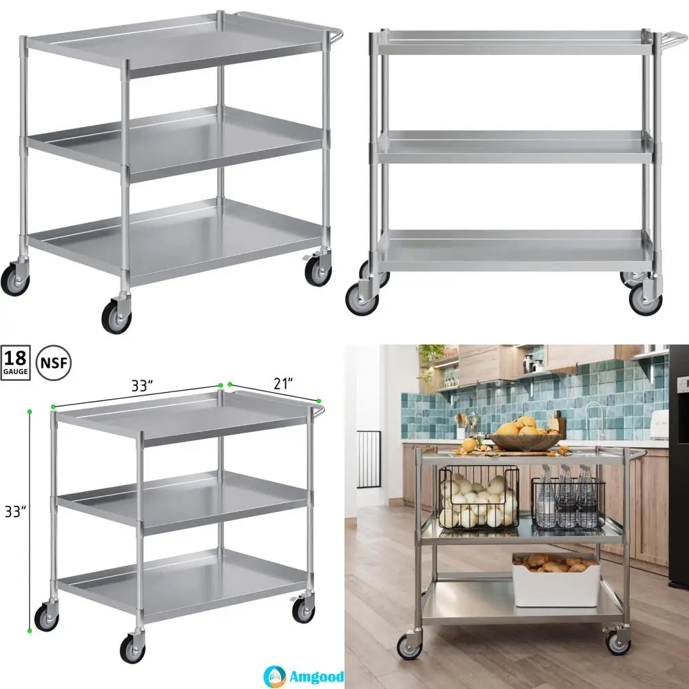 عربة أدوات من الفولاذ المقاوم للصدأ مكونة من 3 طبقات مع عجلات ومقبض، عرض 21 × 33 طول × 33 ارتفاعًا #1