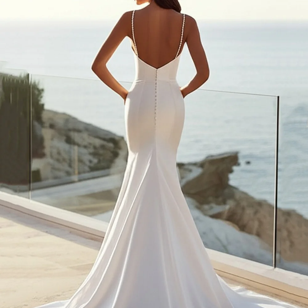 Elegant Simple Customized Wedding Dresses Mermaid Backless Bridal Gowns V Neck Spaghetti Straps Bride Dress Vestido De Novia