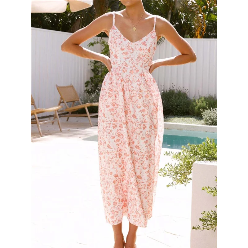 ABRT-Womens 2025 Summer Maxi Dress Sleeveless Floral Smocked Boho Beach Long Dress