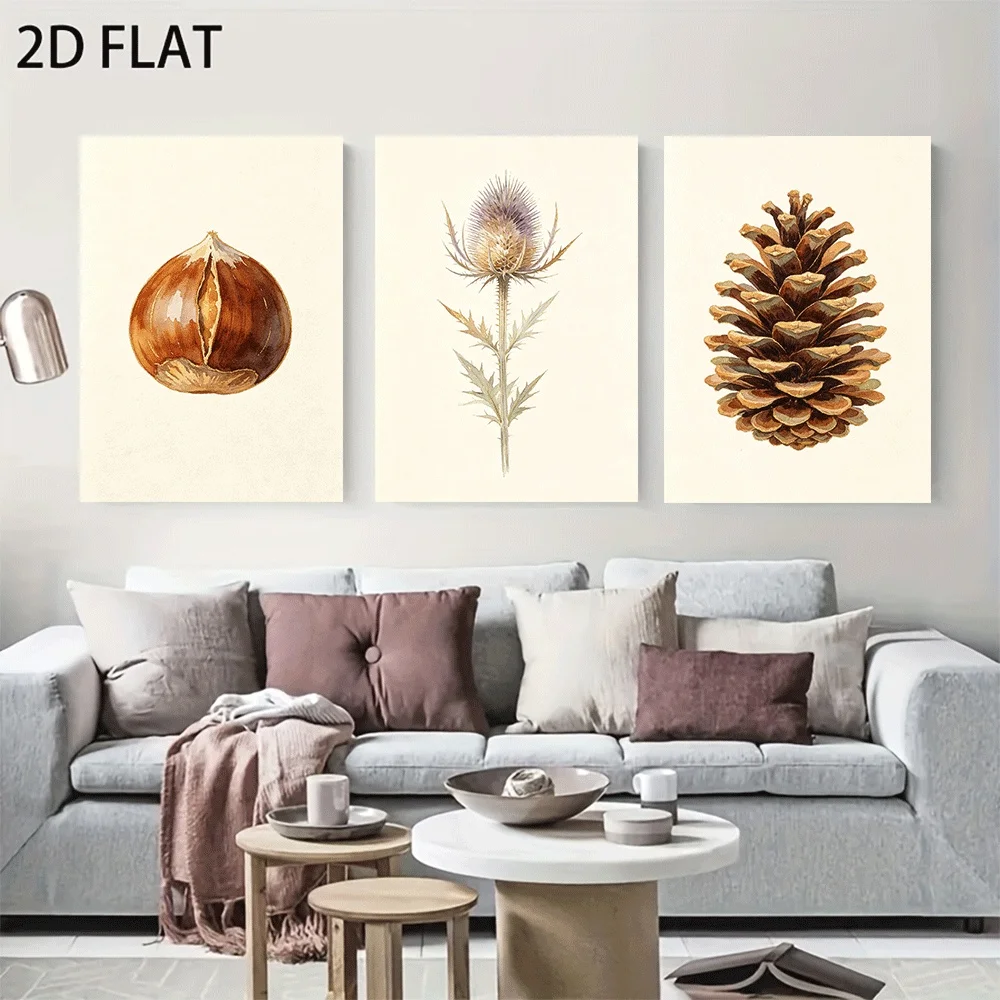 2D Flat, 3pcs Frameless Canvas Prints - Watercolor Chestnut Thistle Pinecone Suitable for American/European, Modern Minimalis