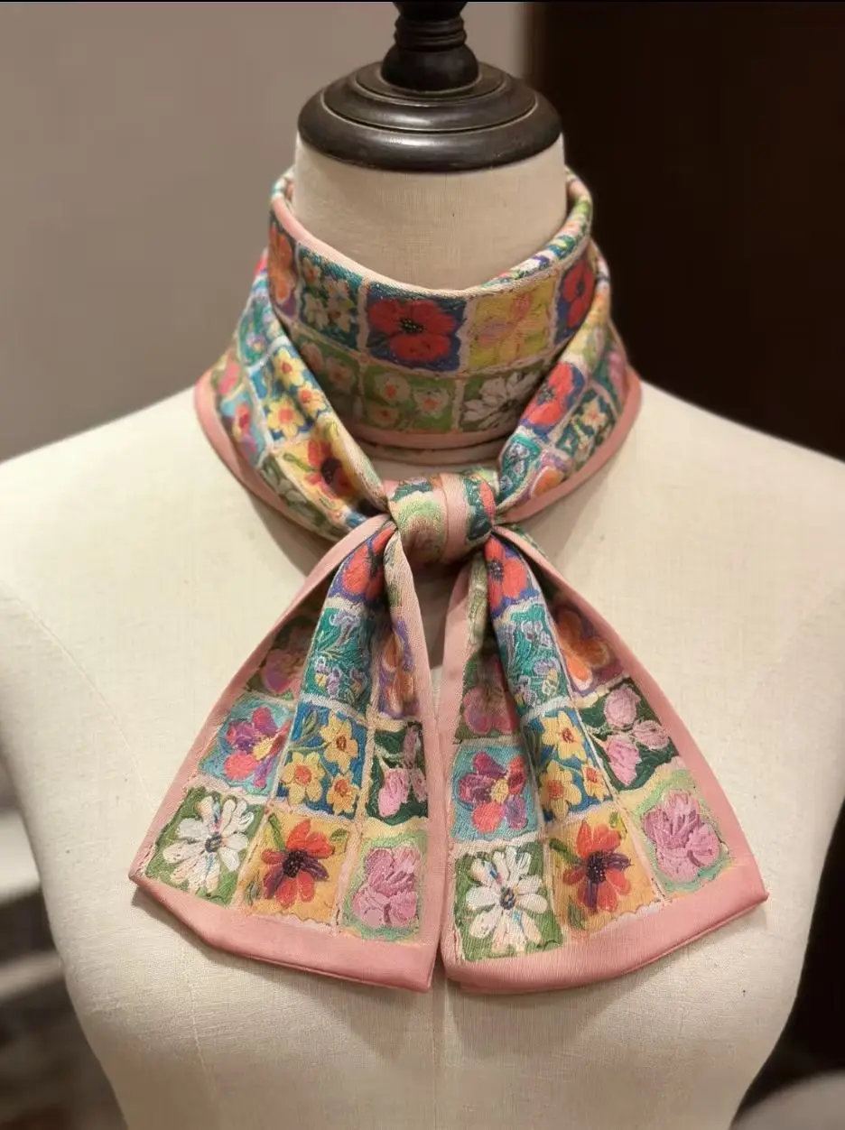 2026 Blumenmuster Langer Seidenschal für Damen, Haarschals, Seidensatin-Halstuch für Frauen, 15*145CM, Stirnbänder, bedrucktes Taschenband, Damen – Detail 4