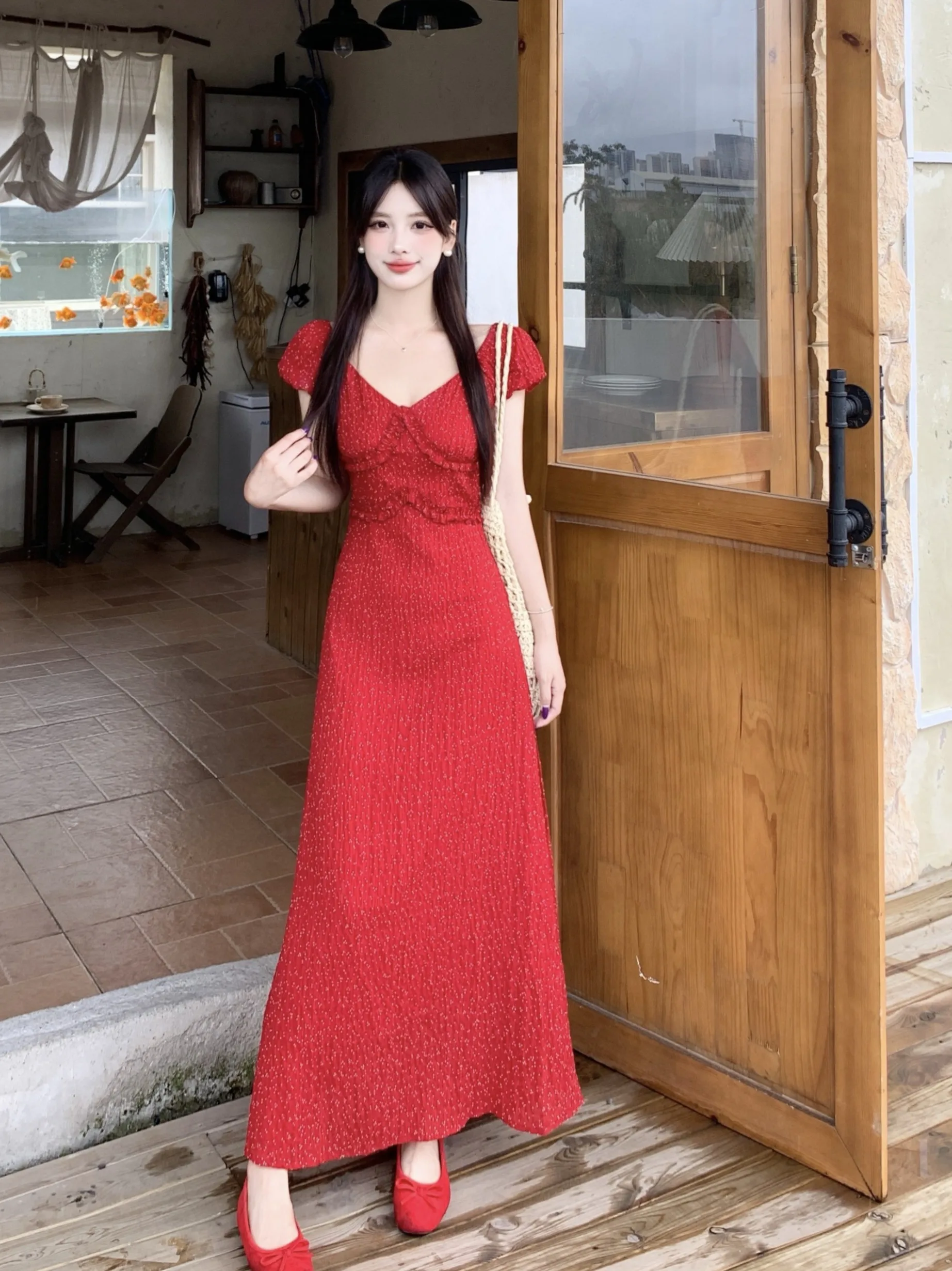 

plus Size Women's V-Ne ort Sve Dr Flounce Hem High Waist A-Line Long Dr Summer New Sle Korean Version Slim Fit