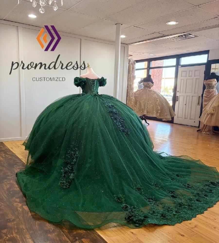 فستان Quinceanera أخضر مبهر مع زهور ثلاثية الأبعاد بدون أكتاف فستان حفلة Vestidos De Xv Años كريستال مطرز رقيق مخصص