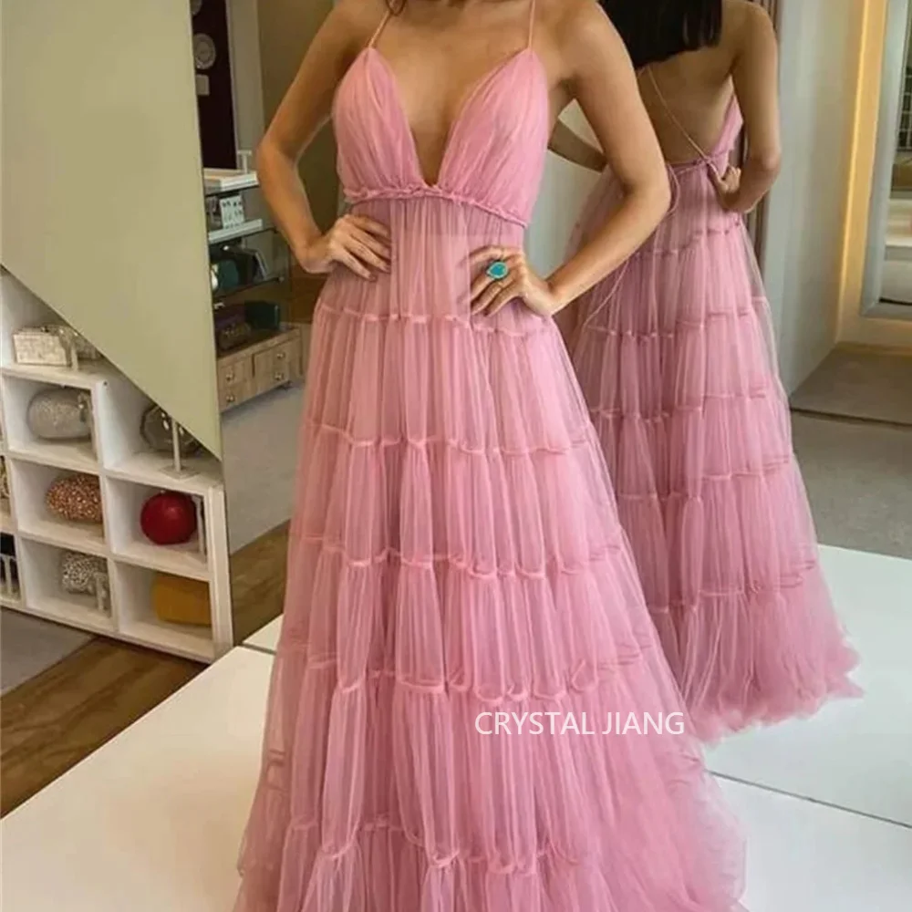 Vintage Long Pink V Neck TulleEvening Dresses Sleeveless Backless A Line Spaghetti Straps Floor Length فستان سهره