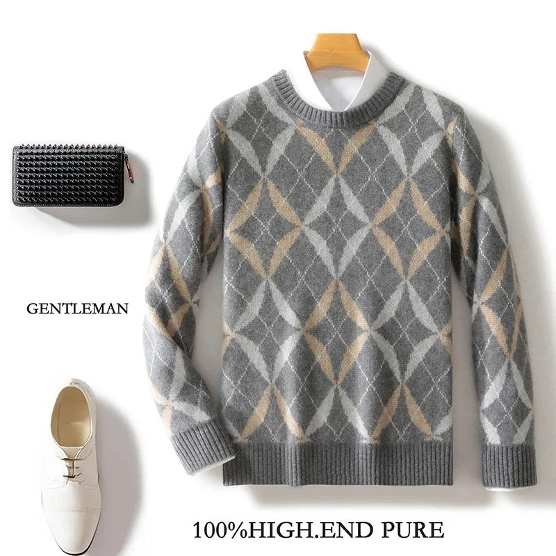 100% Merino Wool O-Neck Color-Blocked Knit Sweater Long Sleeves Pullover Cashmere Men Soft Comfortable Warm Leisure Clothing Top