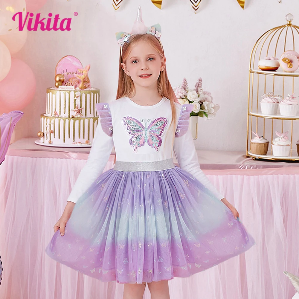 VIKITA Autumn Girls Dress Butterfly Sequins Kids Long Sleeve Dresses Baby Girls Princess Dress Party Clothes Birthday Dresses