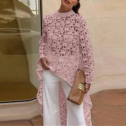 Elegant Embroidery Hollow Out Irregular Blouses Causal Long Sleeves Solid Color Pullover Tops Women Fashion O-neck Loose Shirts