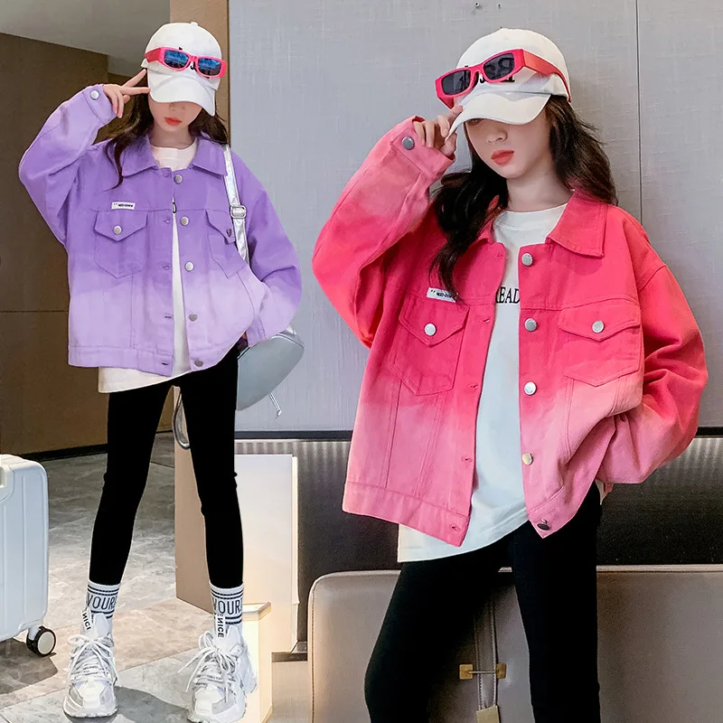 New Fashion Teenage Girls Gradient Denim Jacket Pink/Purple Cardigan Kids Korean Streetwear Clothes Outerwear Coats 5-16 Years