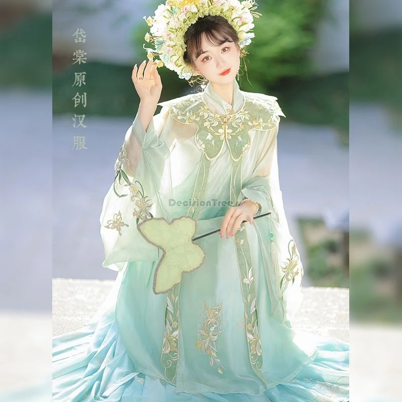 

2025 chinese improved embroidery hanfu ming dynasty style cloud shoulder stand collar long gown pleated skirt loose fairy hanfu