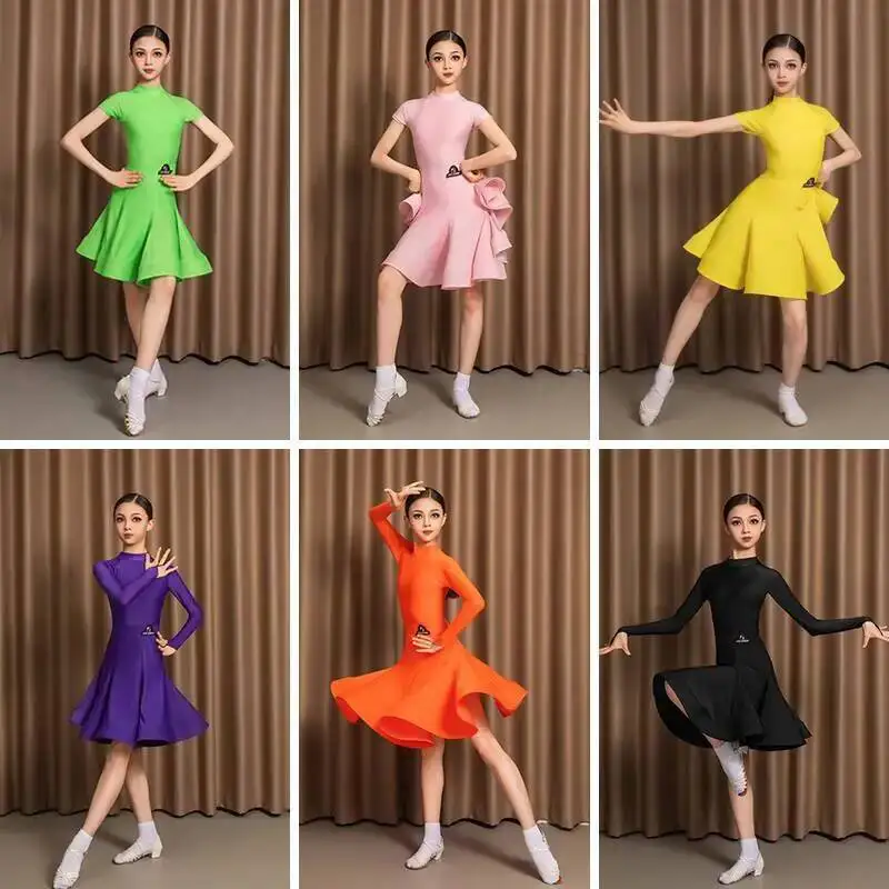 

girls high neck Turtleneck latin american dance dress cha cha rumba samba kids Child ballroom competition costume practice wear