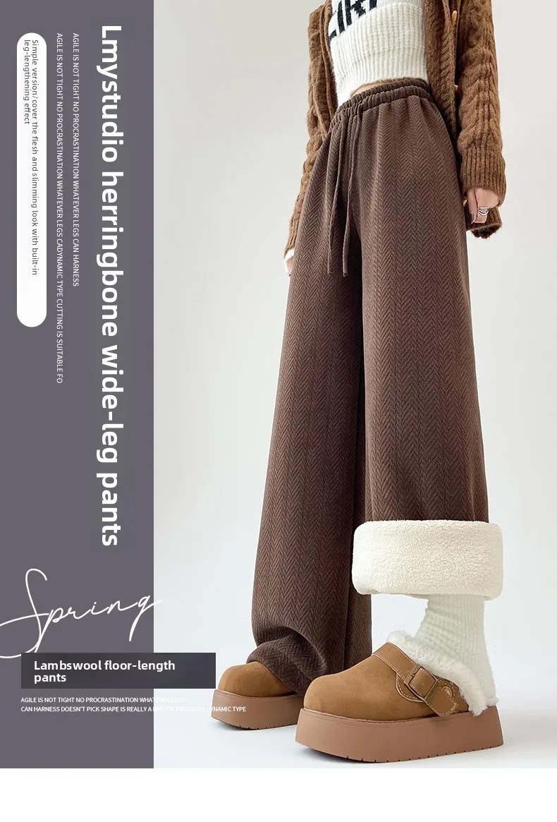 مريحة ودافئة السراويل واسعة الساق المرأة الخريف الشتاء سميكة الصوف ضيق مستقيم قطع السراويل عالية الخصر السراويل الطويلة #5