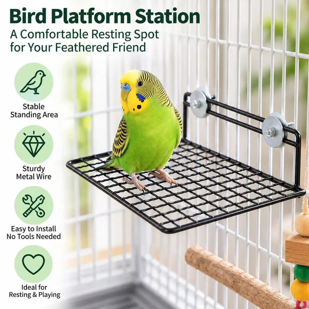 Metal Wire Bird Platform Station Net Hook and Screw Mount Grid Mesh Bird Cage Perch Rack Rest Platform Style Black and White