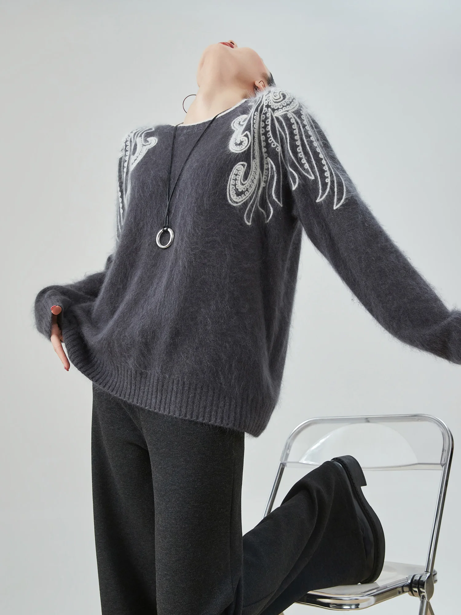 

Loose Women's round Ne Knitted Sweater Deep ey Mouton Embroidered Flower Pattern Comfortable Soft Winter Top by PlumJan