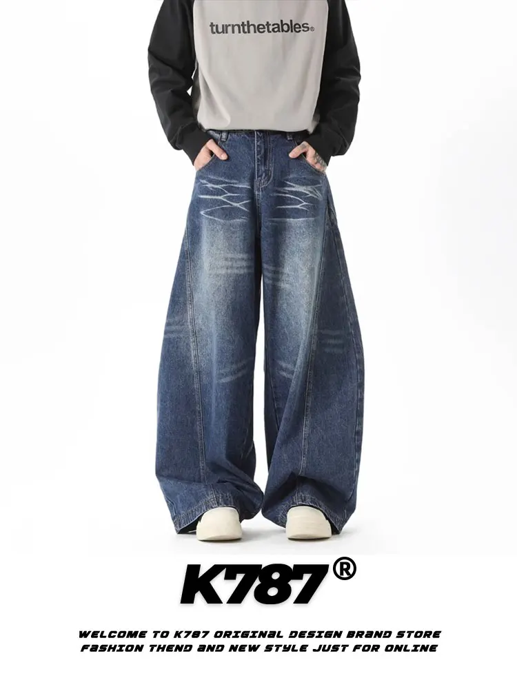 

K787 American Retro Wave Pattern Distred Jeans Men's Loose Wide Leg Casual Straight Leg Long Pants Hip Hop Sle
