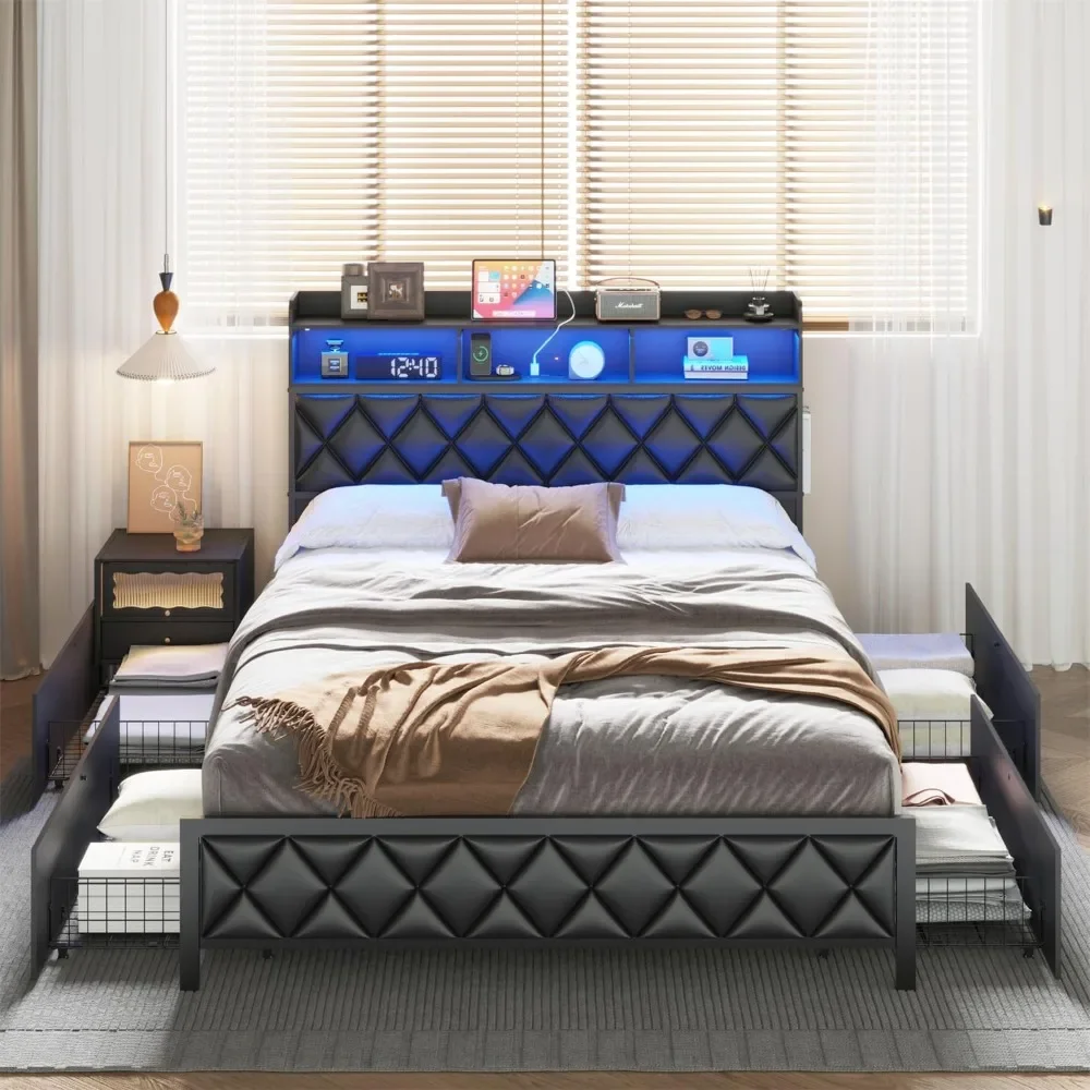 

Queen Bed Frame W/Storage Headboard & Drawers, Platform Bed W/Charging Station & LED Light, No Box Spring Needed，Bed Frame