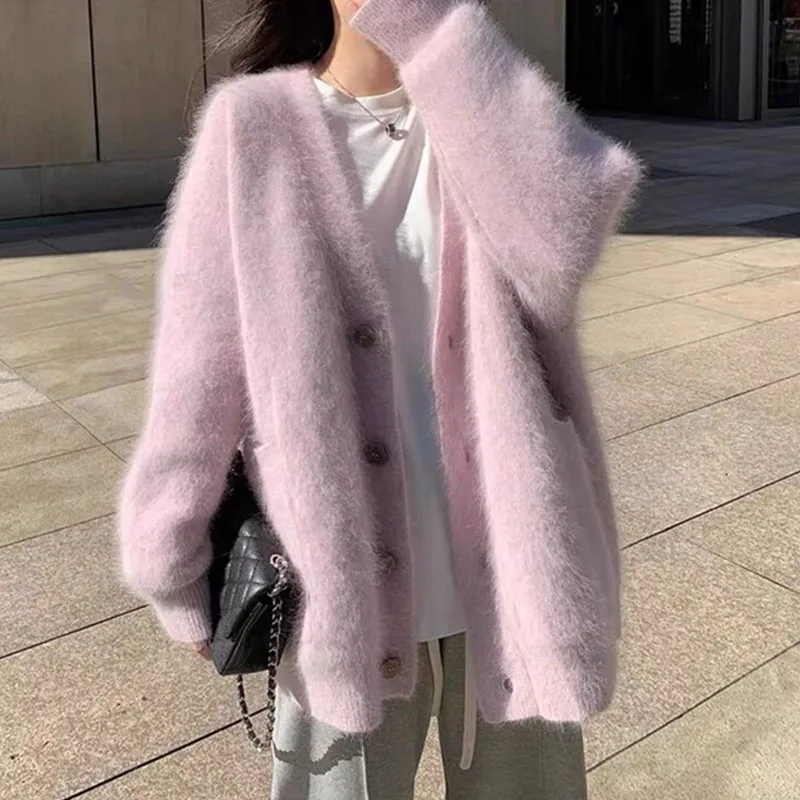 

Вязаный свитер, женские кардиганы, новый вязаный свитер с длинным рукавом и v-образным вырезом из норки, кардиган, женские топы, трикотаж, женская одежда Q1492