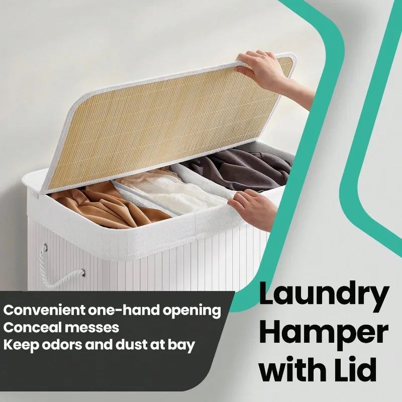 Home & Garden 39.6 Gallons Laundry Hamper, 3-Section Laundry Basket, Laundry Hamper With Lid, Bamboo, Foldable, Removable And Machine Washable Liner Laundry Storage Laundry Sorter, White
