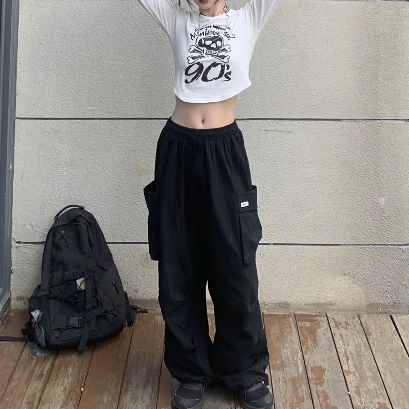 Celana Kargo Wanita Celana Baggy Streetwear Pinggang Tinggi Harajuku Celana Jogger Kantung Kasual Mode Korea Hitam Putih