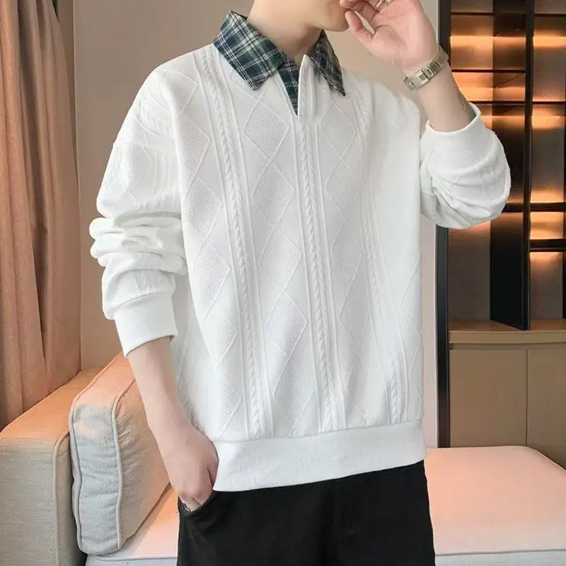 Primavera hombres High Street sudadera camiseta Patchwork camisa a cuadros cuello raya Retro holgado jerseys de gran tamaño negro blanco camiseta