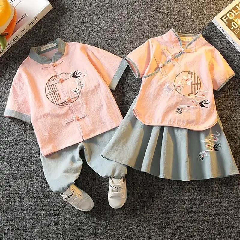 

Summer Chinese Style Tang Suit Children's Day Performance Suit for Boys Girls Ancient Embroidered Hanfu Sister Brother Costumes