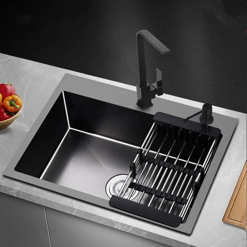 Grand lavabo à cuvette unique encastré à montage supérieur, évier de cuisine en acier inoxydable SUS304 fait à la main, éviers de cuisine noirs avec passoire à panier