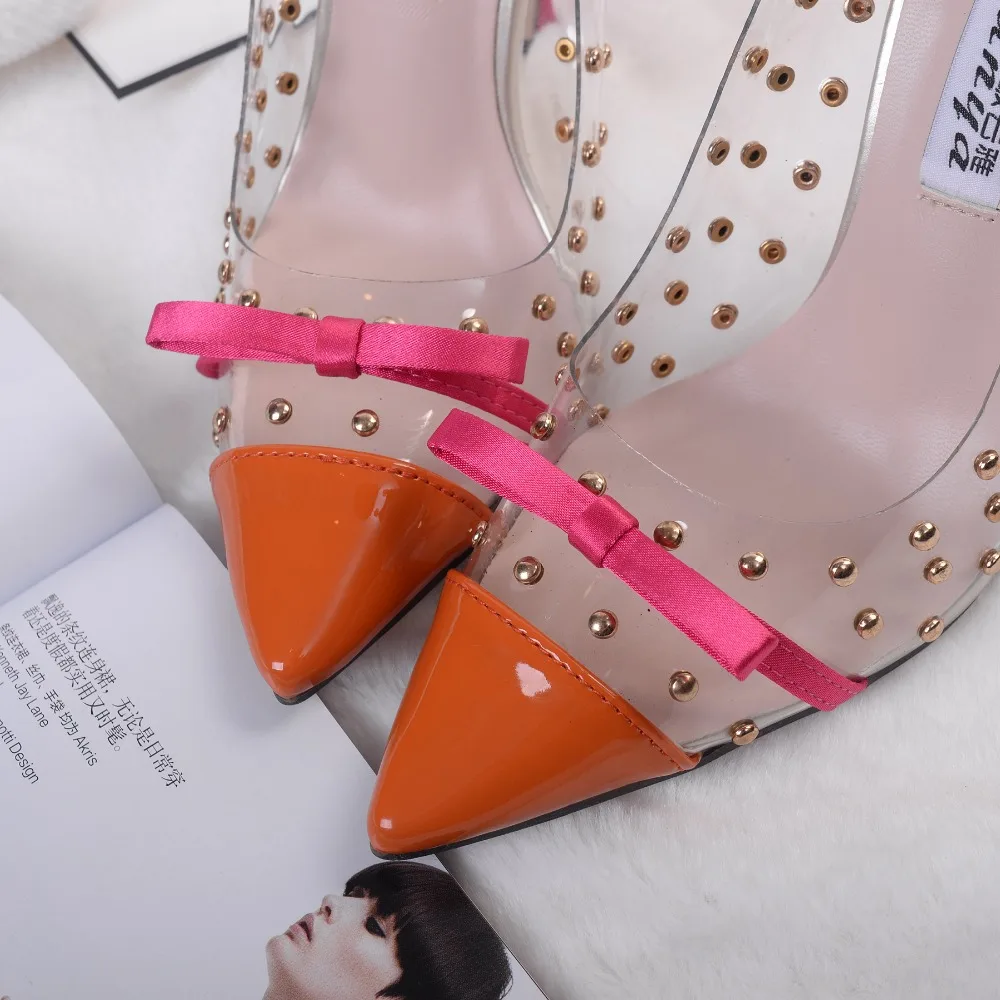 Pop Nice Pop Sexy Women Shoes Pointed Toe Stilettos Transparent Rivet High Heel Lady Shoes Female Elegant Bow Pumps Autumn