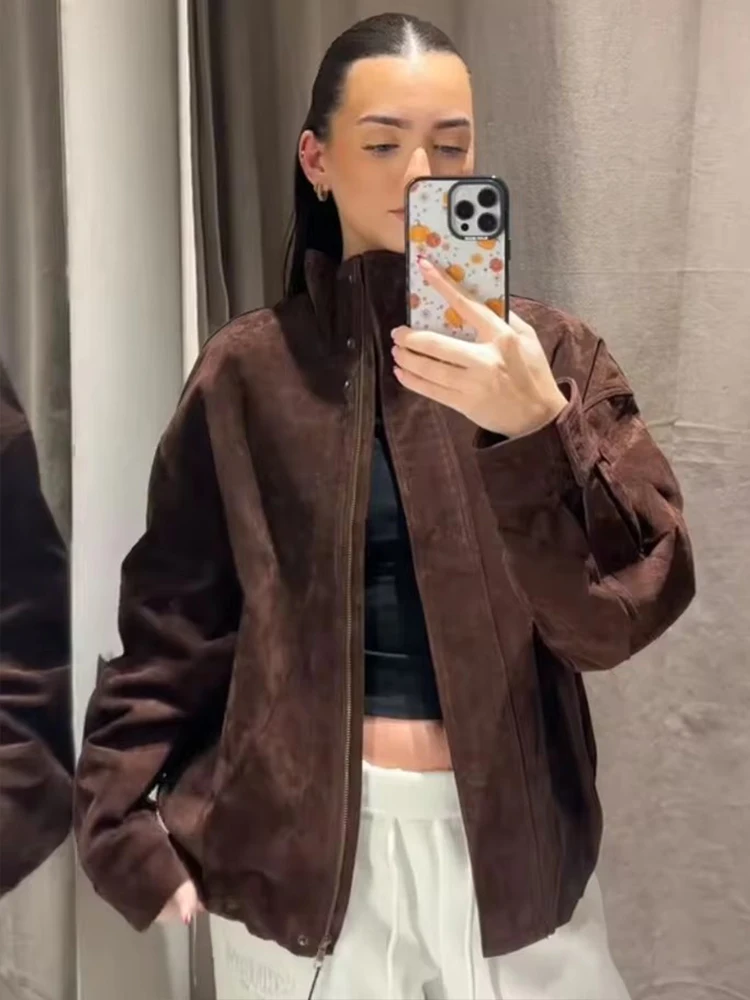 

Винтажная коричневая замшевая короткая куртка женская элегантная куртка-бомбер на молнии с длинными рукавами осенняя шикарная женская уличная верхняя одежда