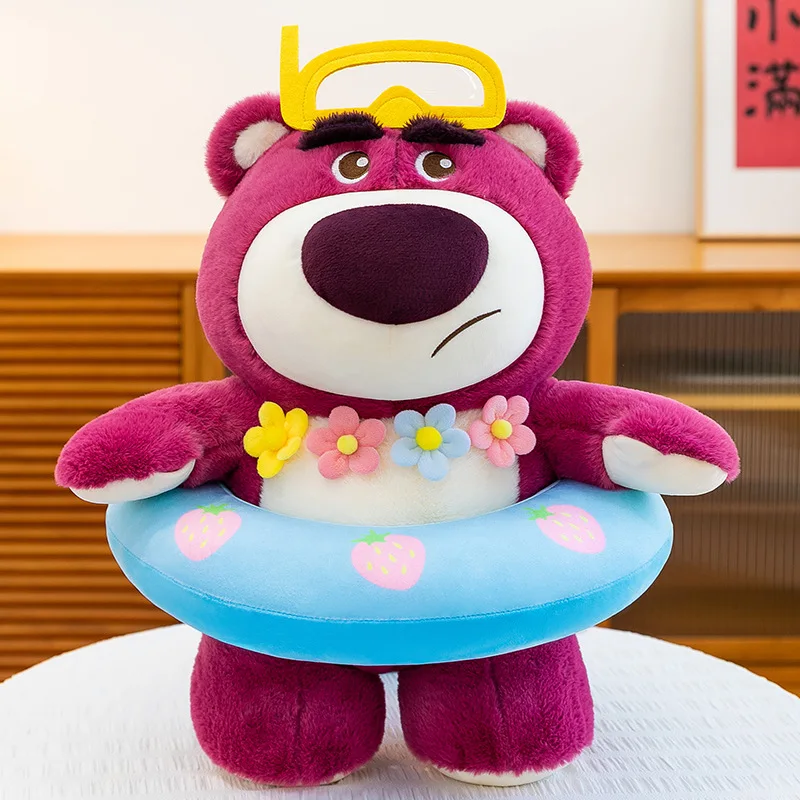 Cute Soft Strawberry Bear Swim Ring Sleeping Hugging Plush Toy Stuffed Animal Doll Girls Kids Birthday Gift Home Bedroom Nap