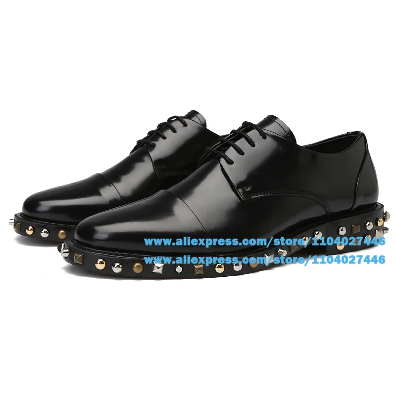 Metal Rivets Trim Men's Shoes Stylish Black Lace-Up Office Dress Wedding Shoes Wear-Resistant Trendy Luxury Handmade Men's Shoes