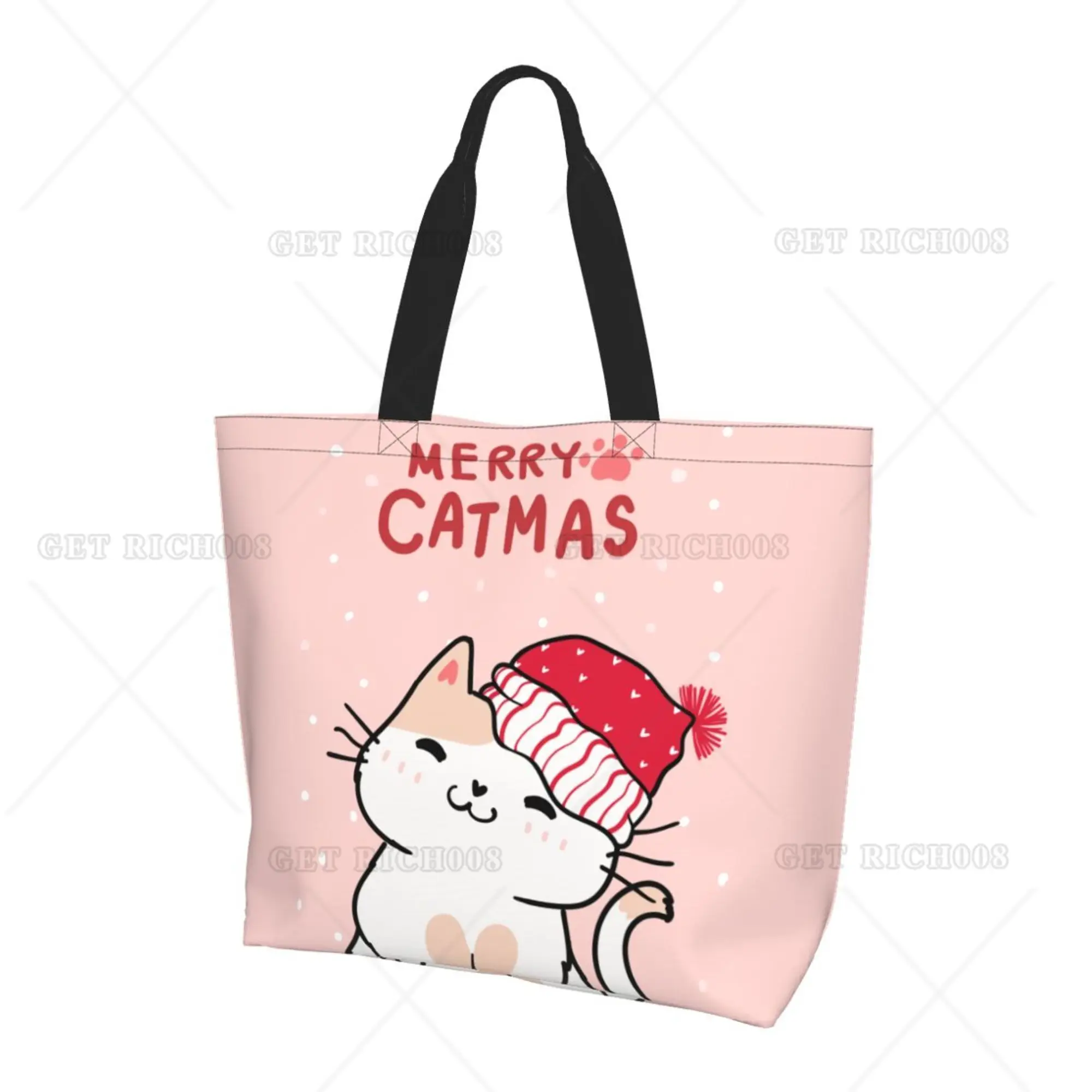 

Pink Merry Christmas Cat Women Shoulder Shopping Bag Work Picnic Supermarket Tote Bag Reusable Shopping Bag Eco Bag One Size