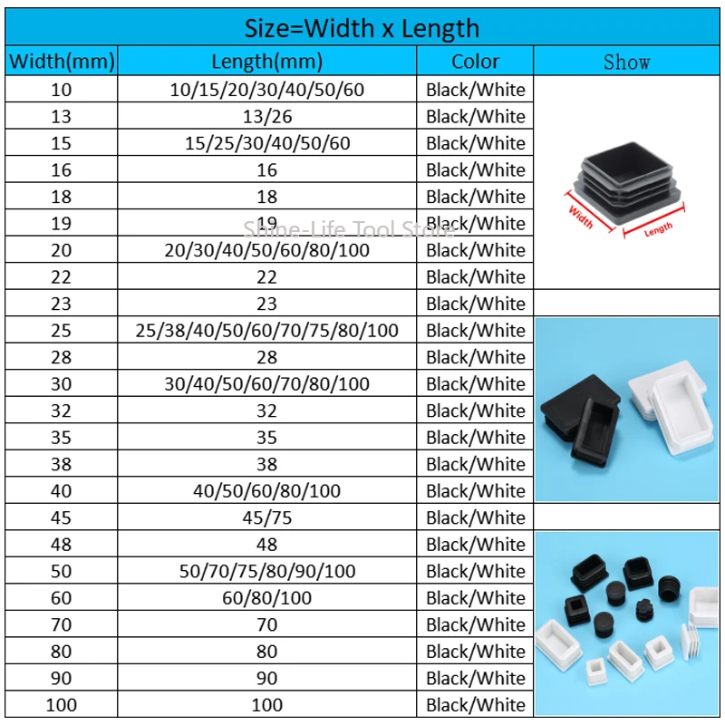 Black Square Plastic Blanking End Caps 10x10mm~100x100mm Square Tube Inner Plugs Furniture Leg Tube Pipe Inserts Plugs