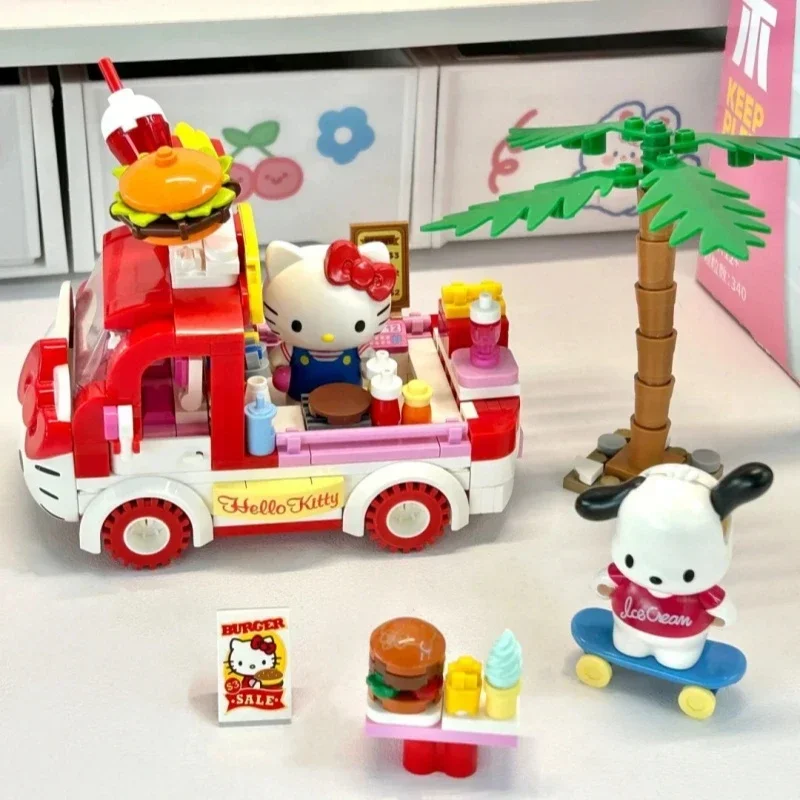 Keeppley Building Blocks Sanrio Mini Car Hello Kitty Cinnamoroll Pochacco Pompom Purin Hamburger Car Model Ornaments Toy Gift