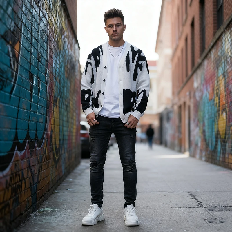 Nieuwe Collectie Mannen Trendy Merk Grote Maat V-hals Warme Trui Mannen High Street Losse Vest Alfabet Jacquard Gebreide Trui