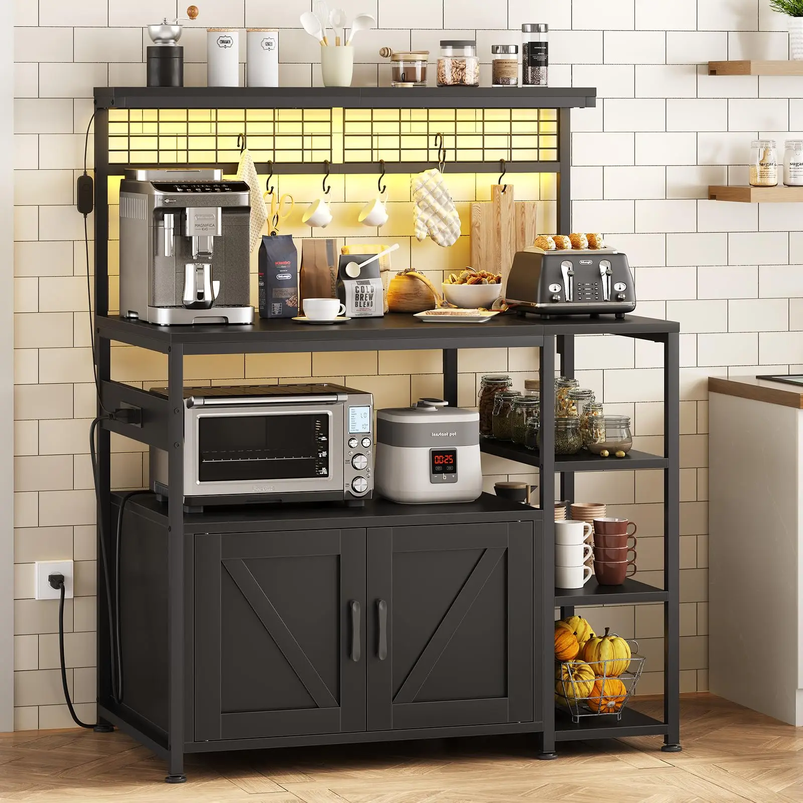 Bakers Rack with Power Outlet and LED Light, Microwave Stand with Storage Cabinet, Coffee Bar Cabinet Station with 6