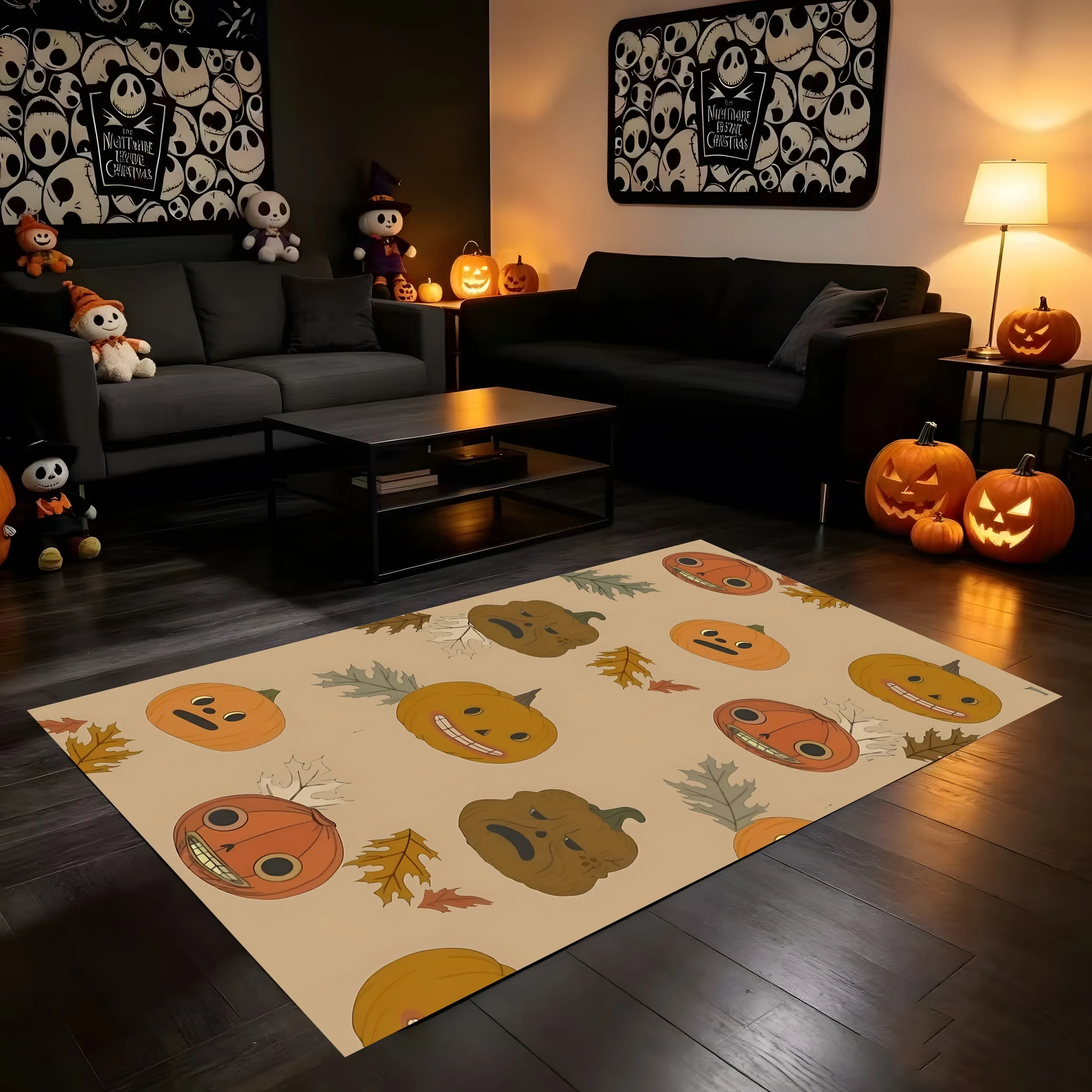 2D Large Area Rug with Funny Expressions, Pumpkin Head, Autumn Leaves All over Print Retro and Cute Style, for Living Room &...