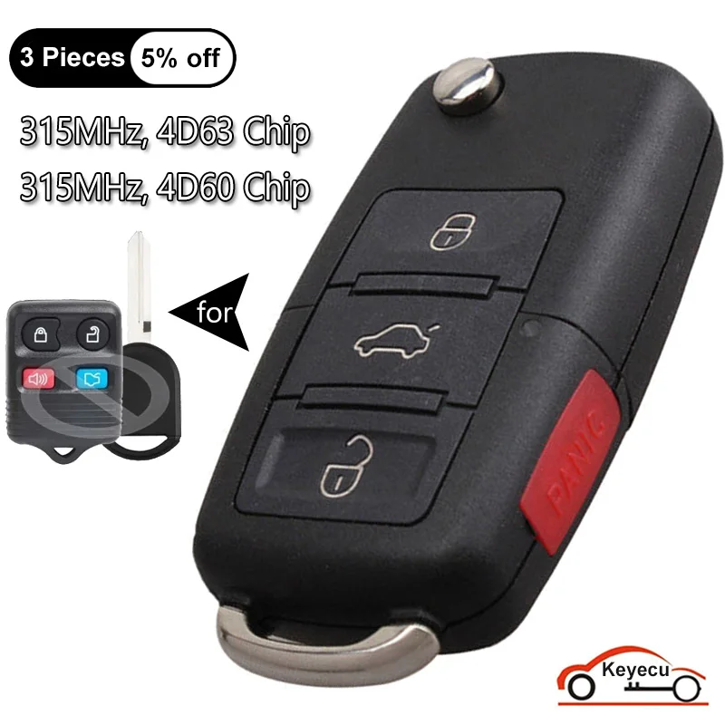 

KEYECU 4 Buttons 315MHz 4D60 4D63 Chip for Ford for Lincoln for Mercury Auto Upgraded Flip Remote Key Fob CWTWB1U331 CWTWB1U345