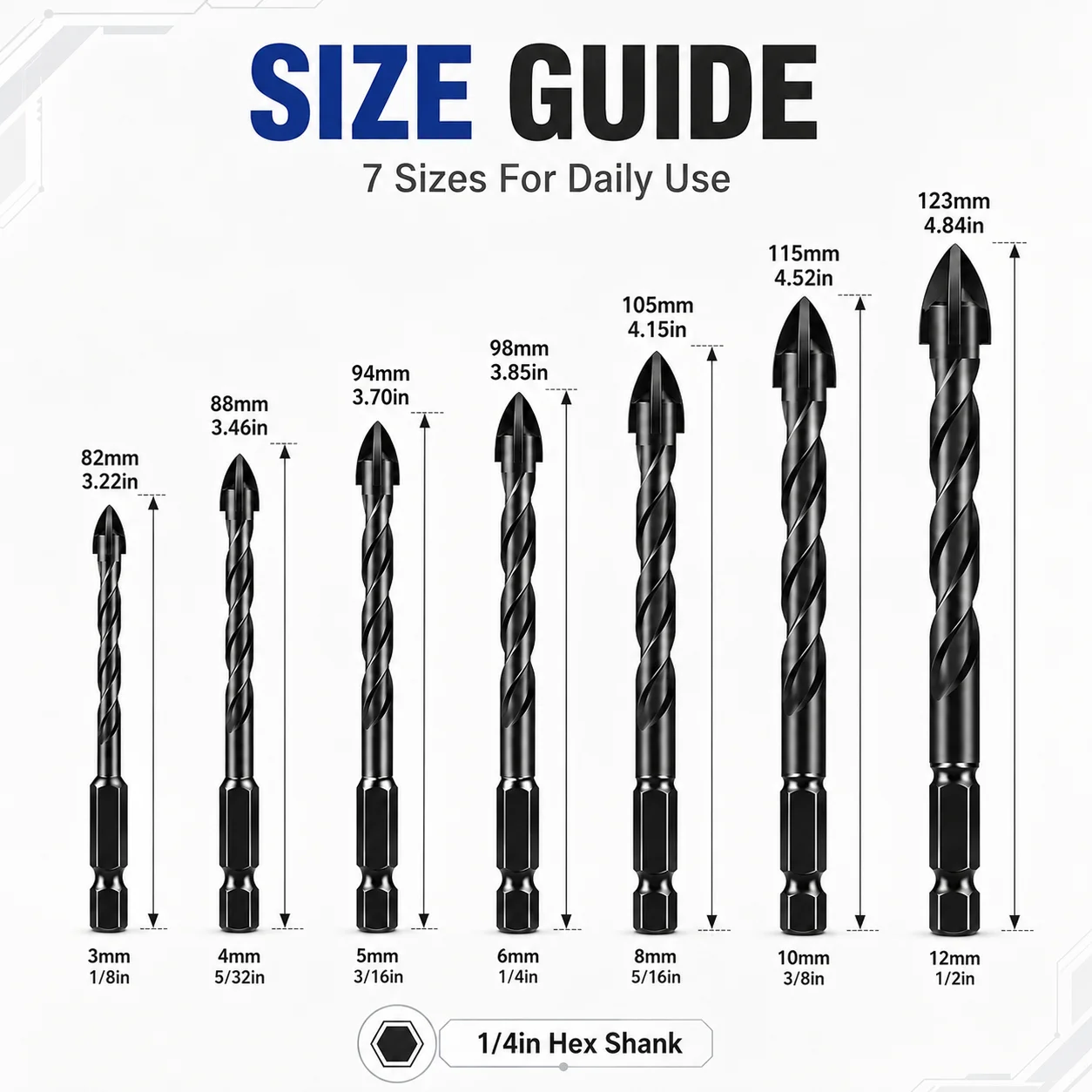 7Pcs Black Cross Tip Tile Drill Bit Set, 3-12mm Hex Shank Carbide Drill Bits for Tile Marble Brick Glass Metal Wood Drilling view 2