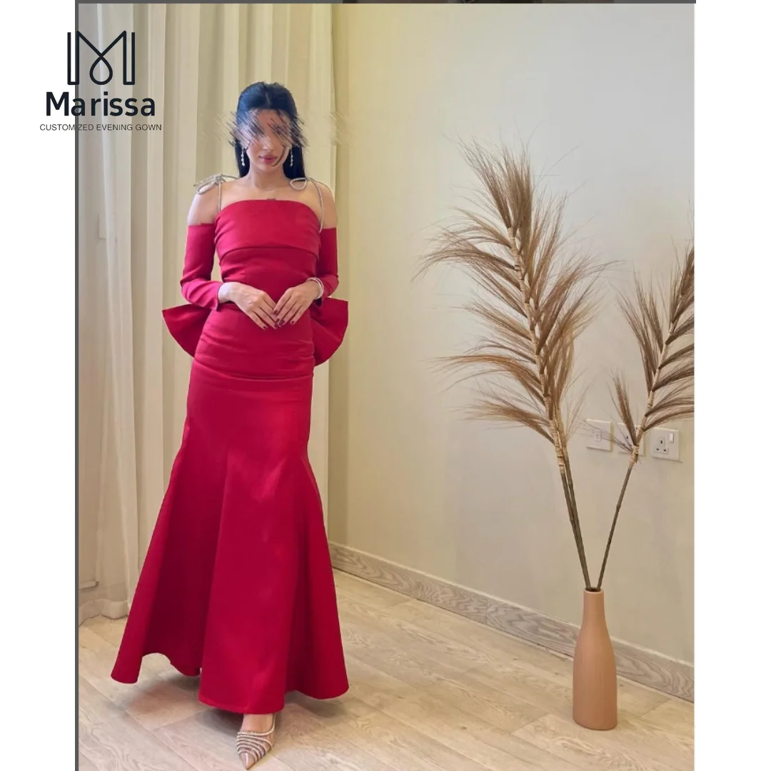 Marissa Fishtail Lotus Rok Dames Avondjurk Vrouw Dames Galajurk 2025, op maat gemaakte rode satijnen strik Off-shoulder baljurken