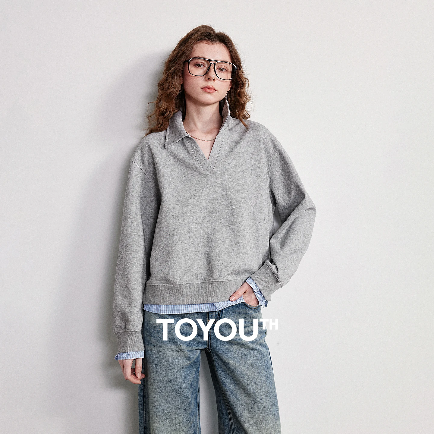 TOYOUTH Women Heavyweight Cotton Sweatshirt 2026 Spring New Patchwork Plaid Fake Two-Piece Collar Loose Gray Top