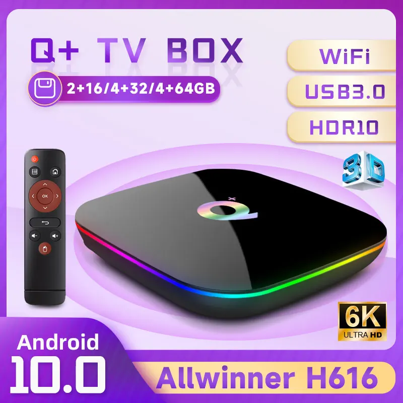 Q PLUS TV Box 4-core 3D Graphics Acceleration 4G DDR Ultra High Speed Running Ultra HD 6K Android 10 Media Player Set-top box
