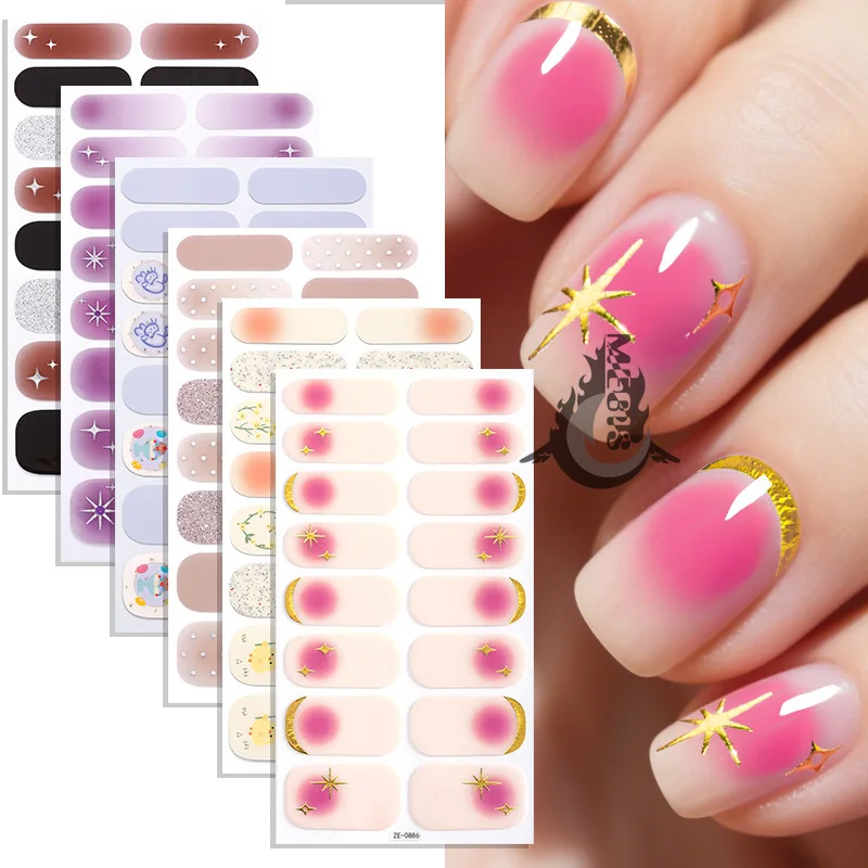 

MEBIS 16 Tips Stickers Gray Glitter Flowers Spring Design Nail Sticker Full Cover Nail Strips Press on Nail Decal Art