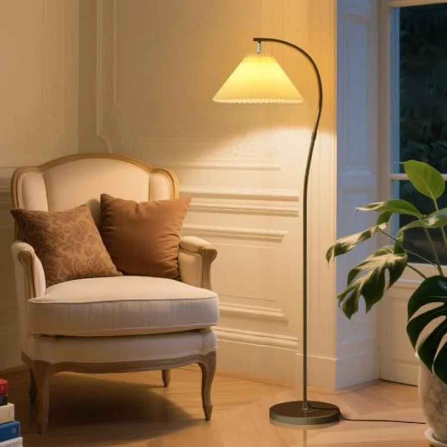 Modern Arc LED Floor Lamps Bright 12W Three-Color Dimming 14 Inch Pleated Lampshade Living Room Corner Bedroom Bedside Office S