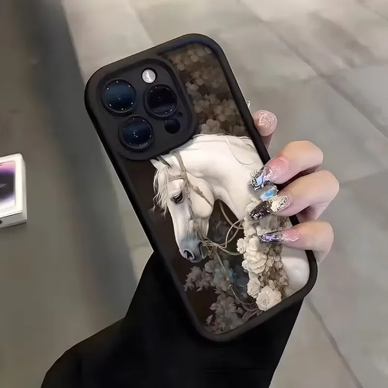 حافظة هاتف بتصميم حصان أبيض لطيف لهاتف آيفون 17AIR 16 15OLUS 14 13 12 11 PRO MAX غطاء ناعم #4