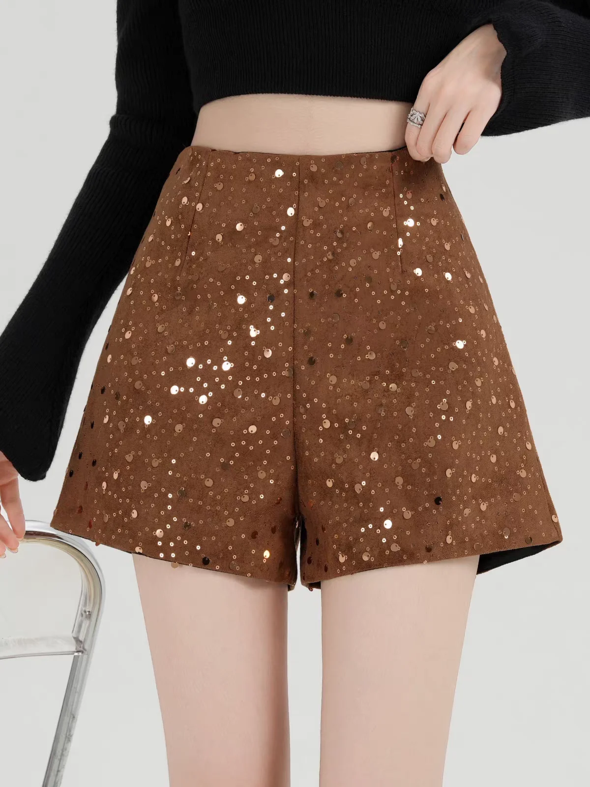 2026 Fall Winter High Waist Wide-Leg Shorts, Sparkling Faux Suede Fabric, Fit Boots Outfit for Petite Women, Casual Streetwear