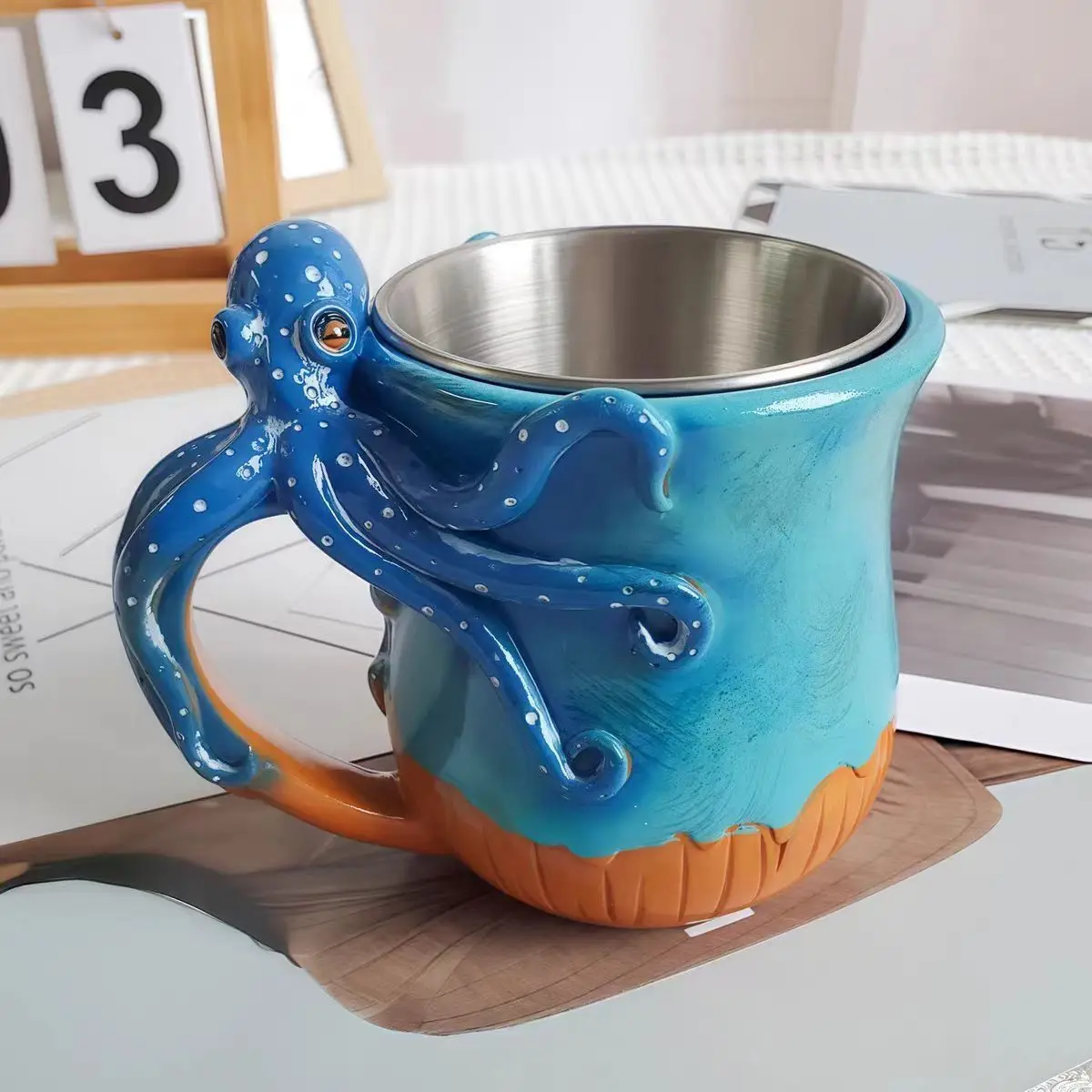 

New Deep Blue Marine Organism Octopus Mug Creative Home Deco Cup Coffee Mugs Funny With 304 Stainless Steel Inner Liner Tea Mugs