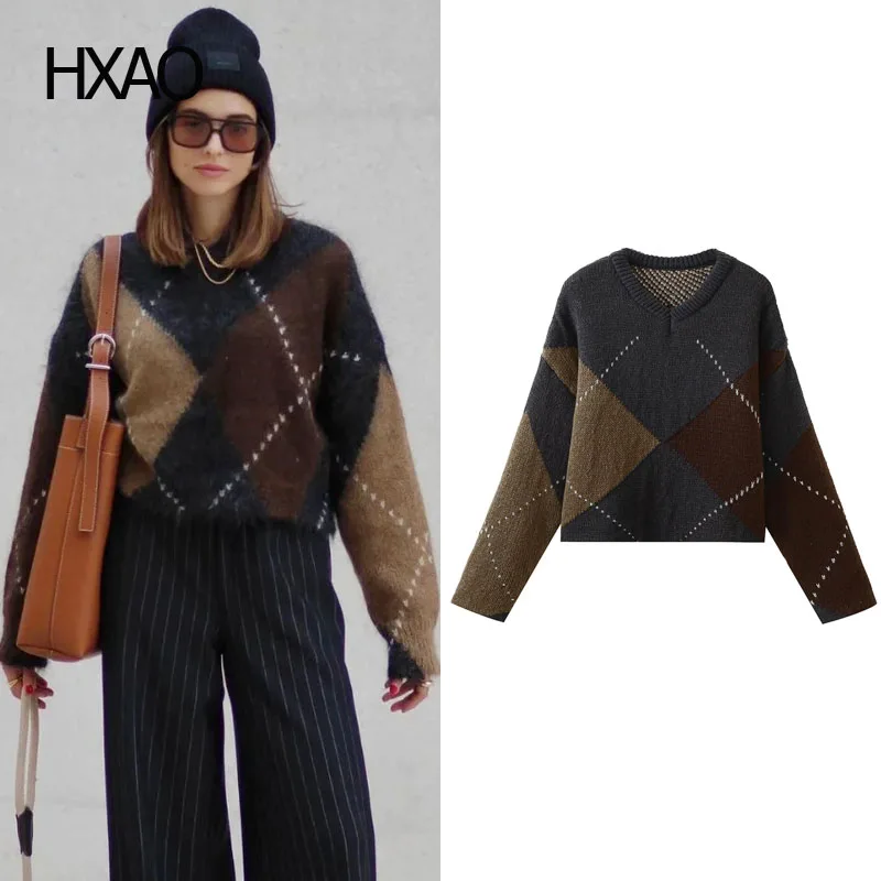 

HXAO Cropped Sweater for Women Plaid V-Neck Long Sleeve Knitwear Fashion Knit Pullovers Loose Cashmere Sweater Female Jumpers